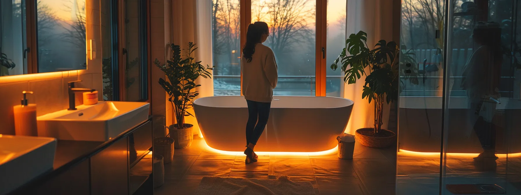 a person standing in a cozy bathroom, feeling the warmth of heated floors on a cold morning.