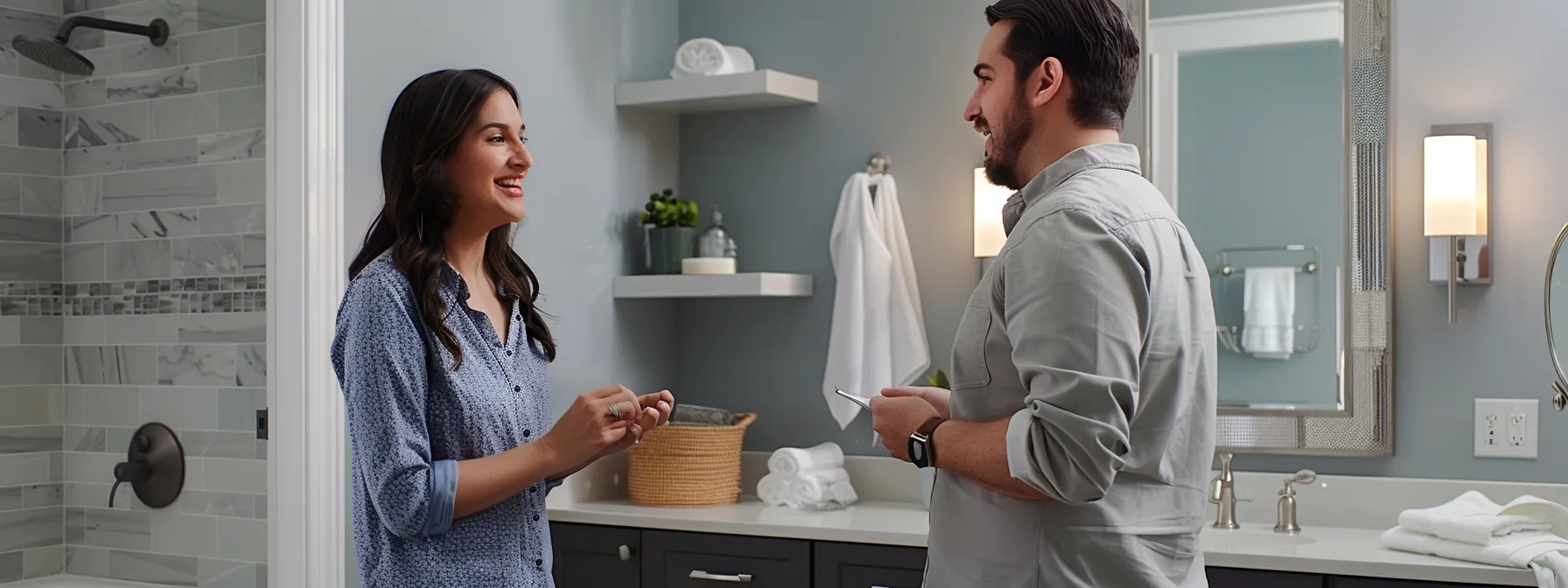 a homeowner discussing bathroom remodeling plans with a contractor in a well-lit, modern bathroom setting.