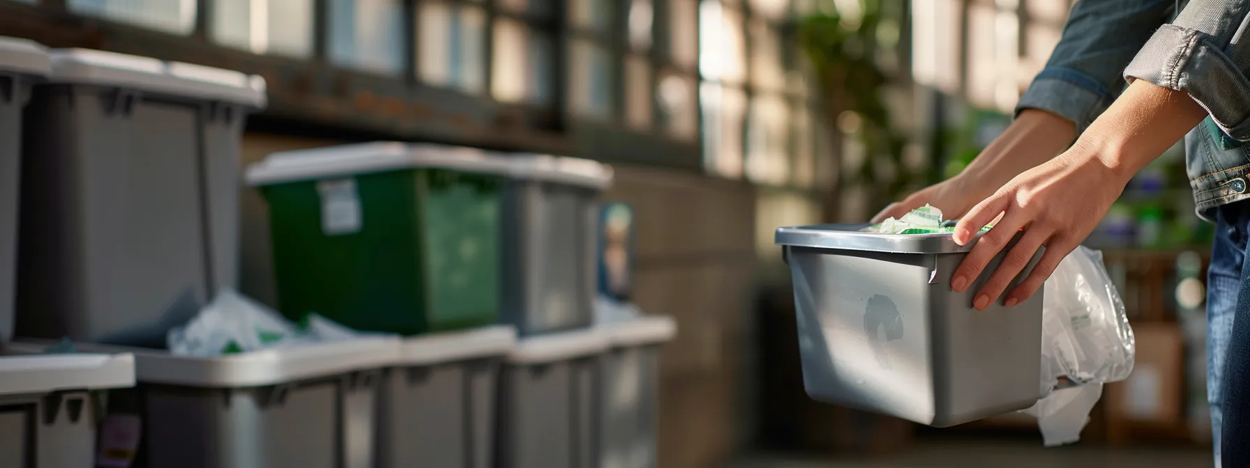 a person holding eco-friendly bathroom resurfacing materials and a recycling bin in the background.