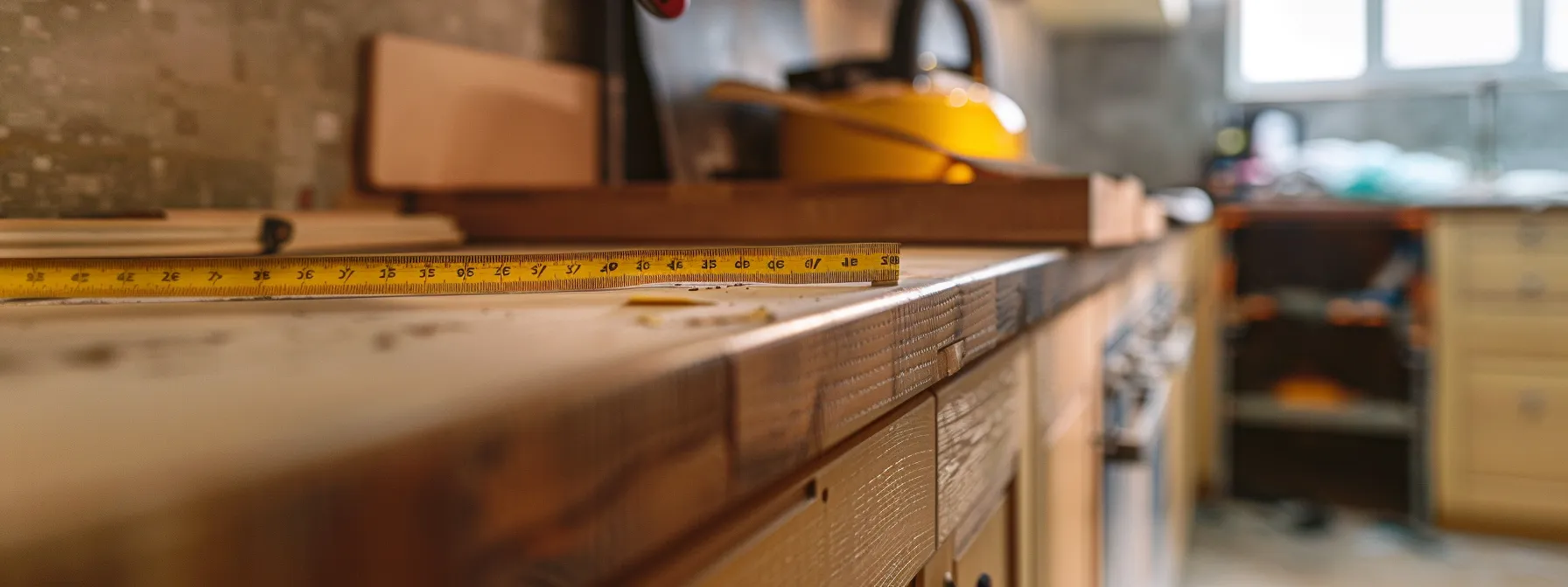 a kitchen cabinet being measured with a tape measure in linear feet.