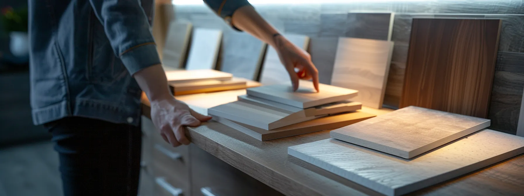 a person comparing different materials for cabinet refacing, with samples of laminate, thermofoil, wood veneer, and solid wood displayed on a table.