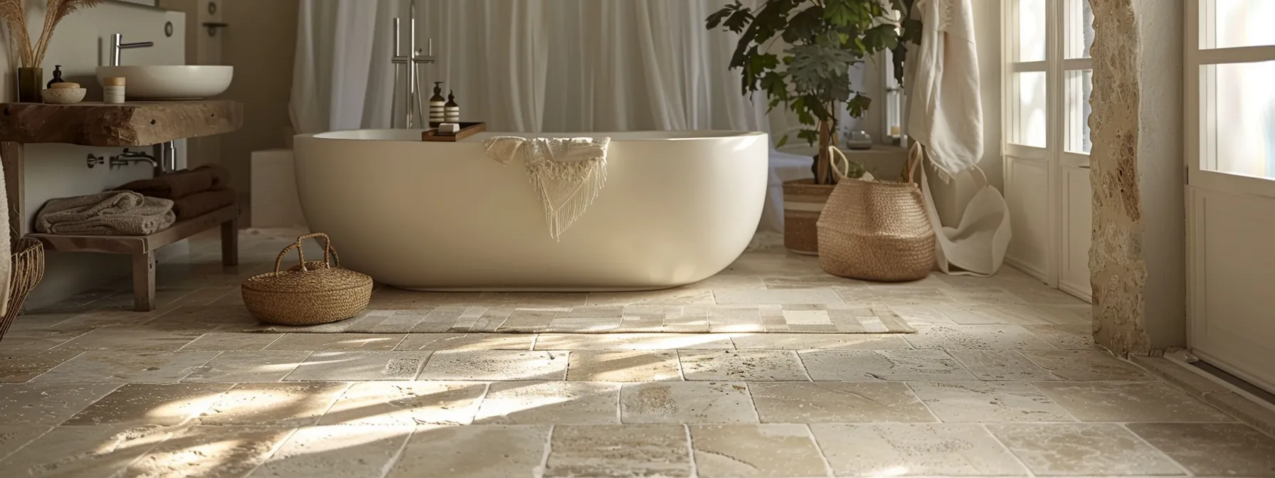 a bathroom with sustainable flooring made of recycled materials and natural stone, complemented by low-voc painted walls.