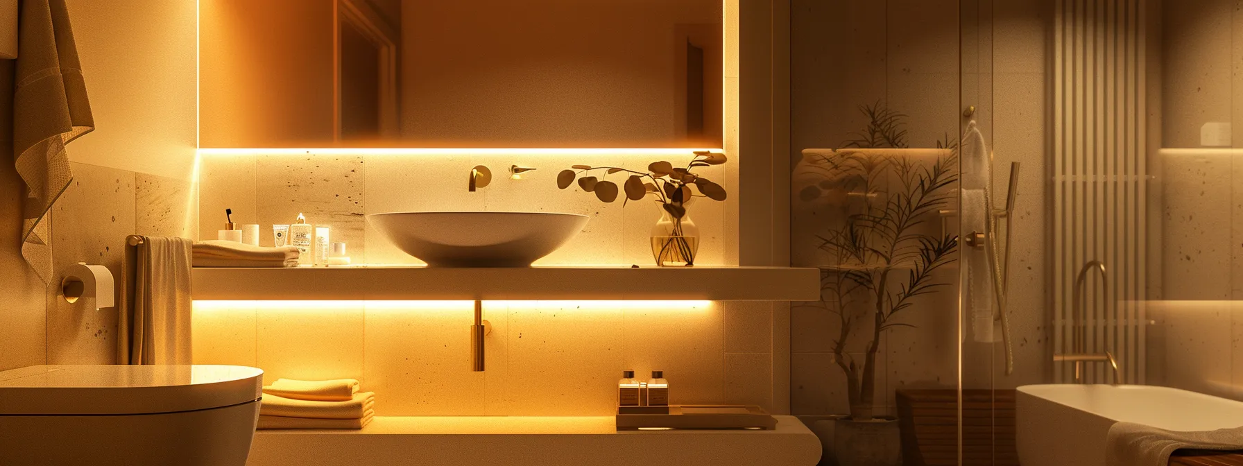 a minimalist bathroom with led lighting, sleek countertops, and neutral colors creating a modern and relaxing ambiance.