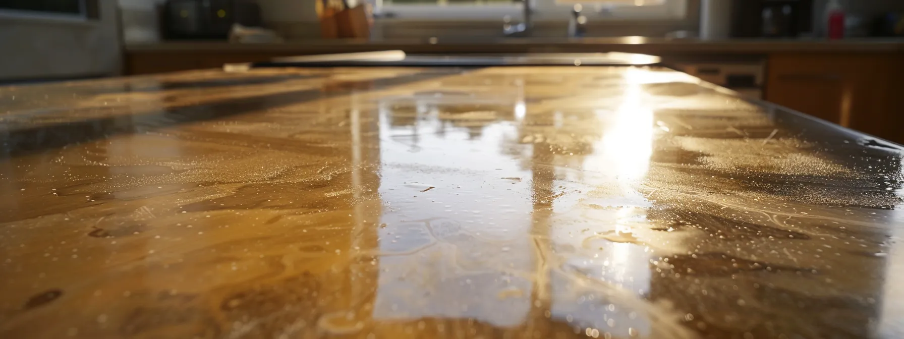 a kitchen countertop being coated with a layer of polyester resin, showing a smooth and durable finish.