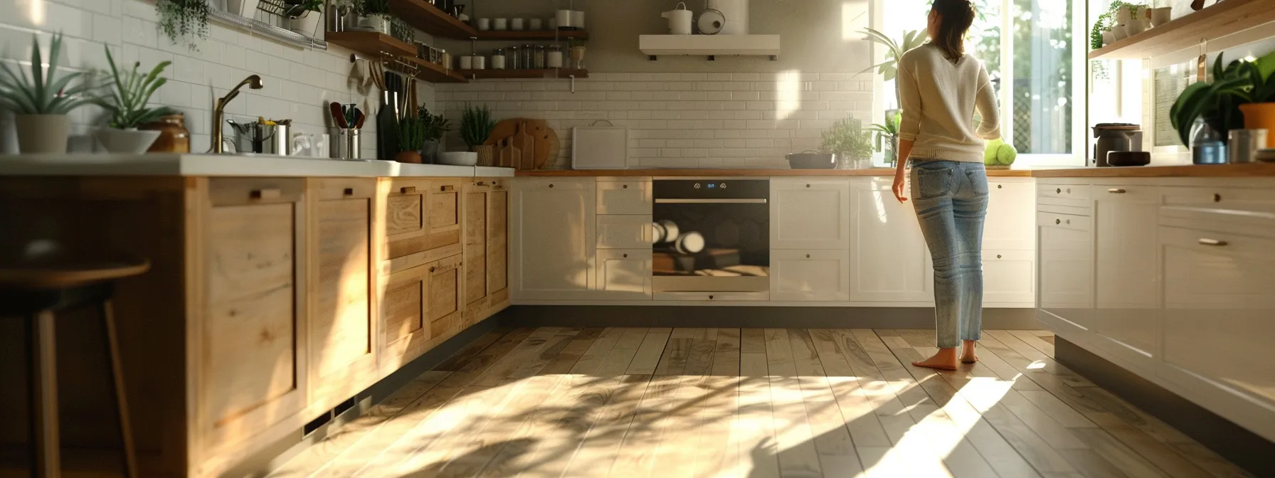 a person evaluating different flooring options in a kitchen.