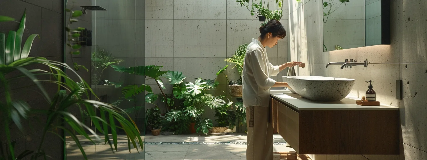 a person using advanced technology to select eco-friendly materials for bathroom resurfacing.