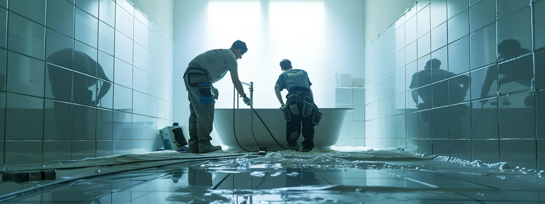 a bathroom being resurfaced with workers applying a new layer of coating to a bathtub.