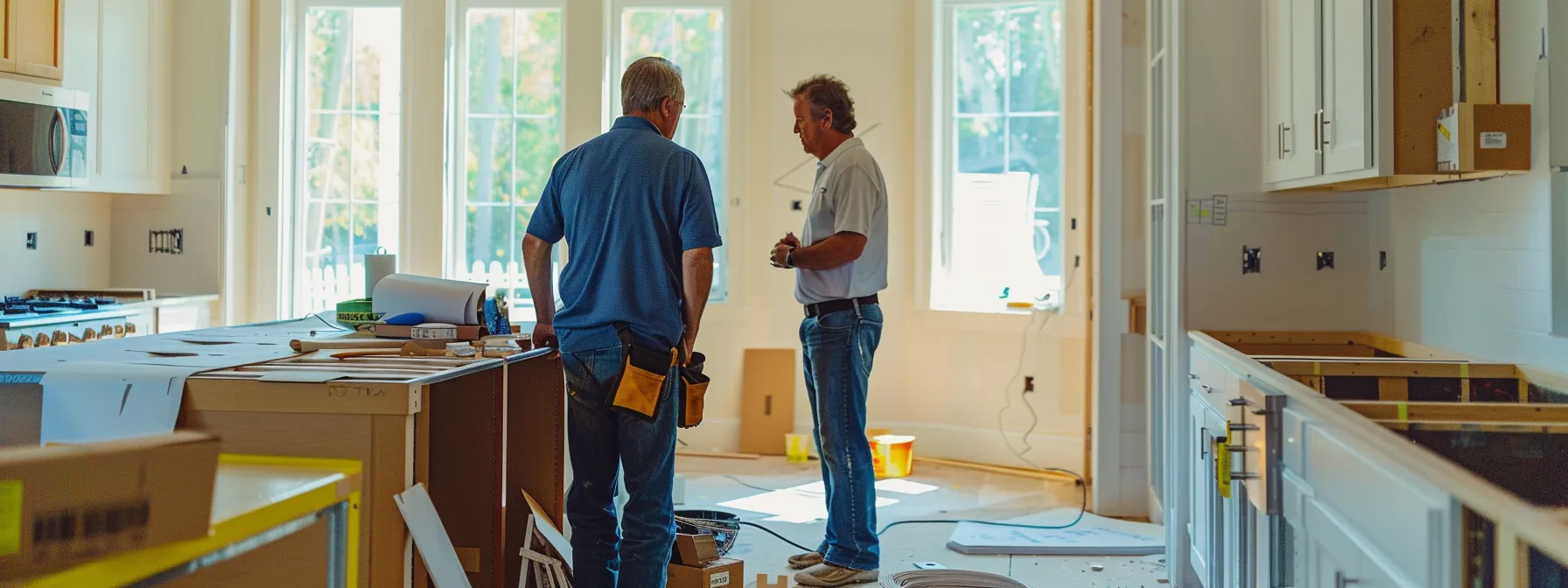 a homeowner and a kitchen contractor having a discussion at the kitchen renovation site.