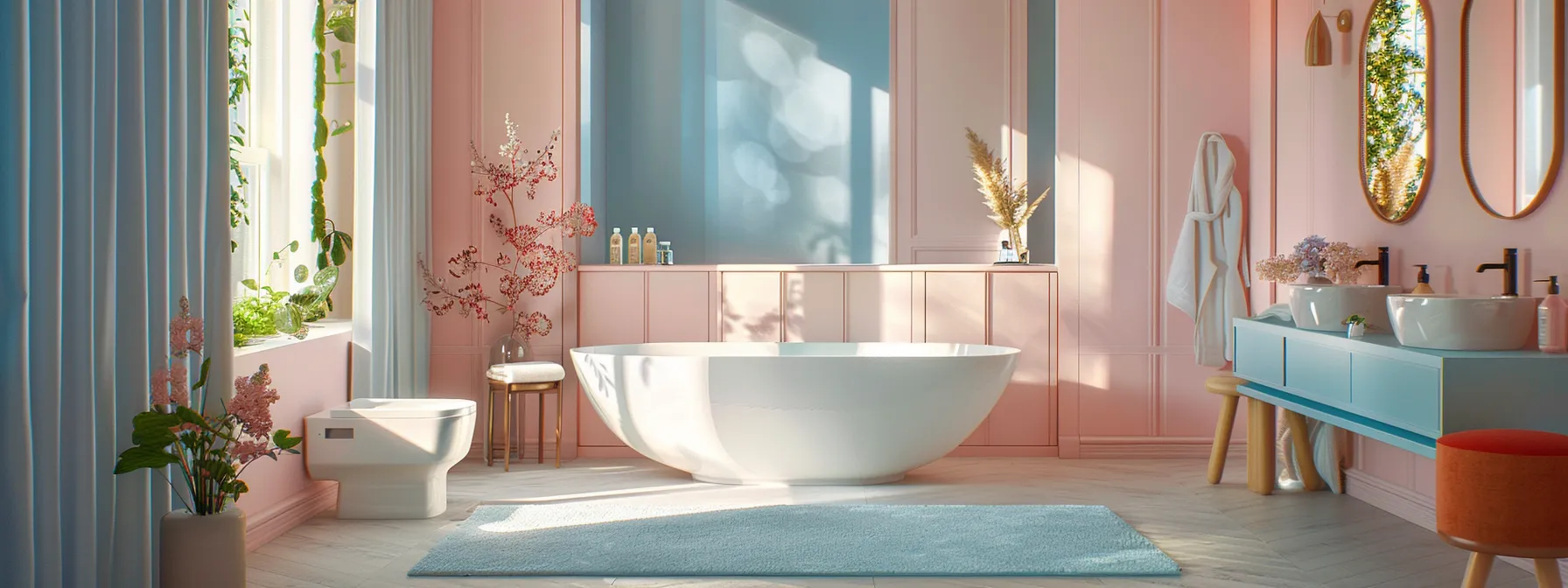 soft pink and blue hues create a serene bathroom retreat.