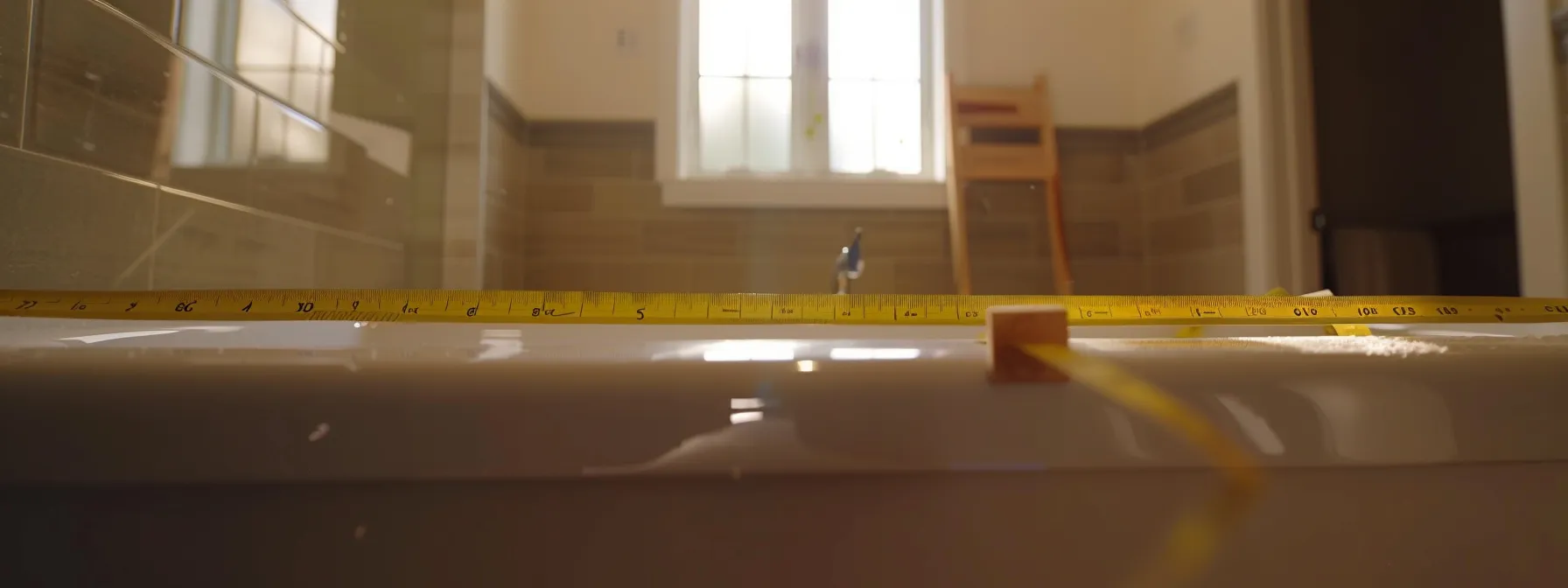 a person measuring the bathtub dimensions with a tape measure during a bathroom renovation.