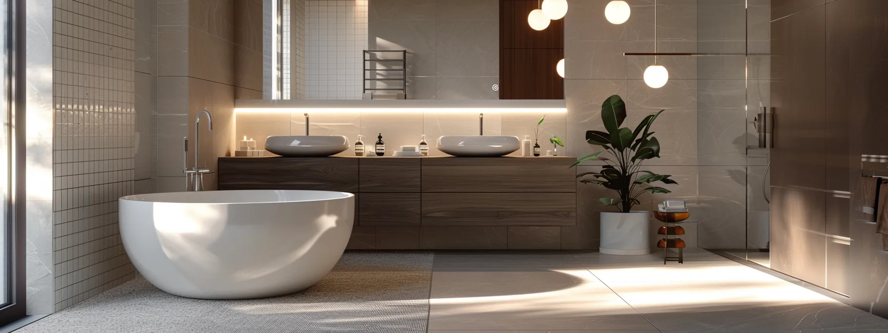 a modern bathroom with upgraded vanity, tub, and tiles, featuring contemporary fixtures and dark grout for sharp contrast.