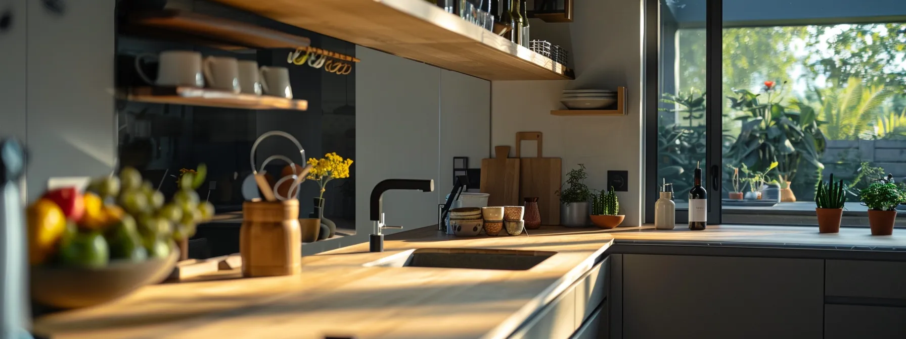 a kitchen with cool-toned cabinets and oak countertops, creating a tranquil and harmonious space.
