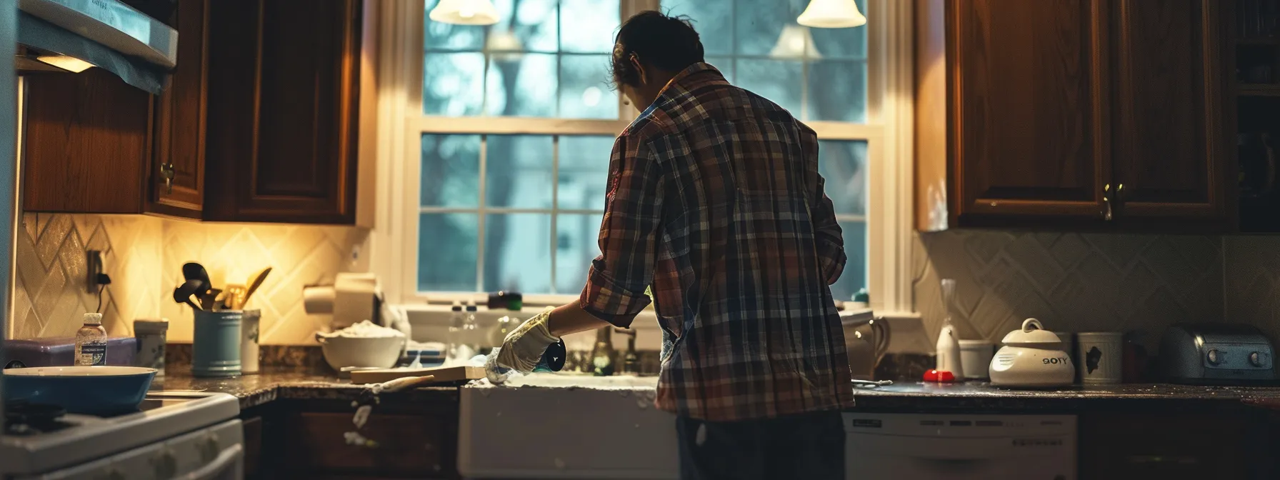 a person painting kitchen cabinets with a look of determination on their face.