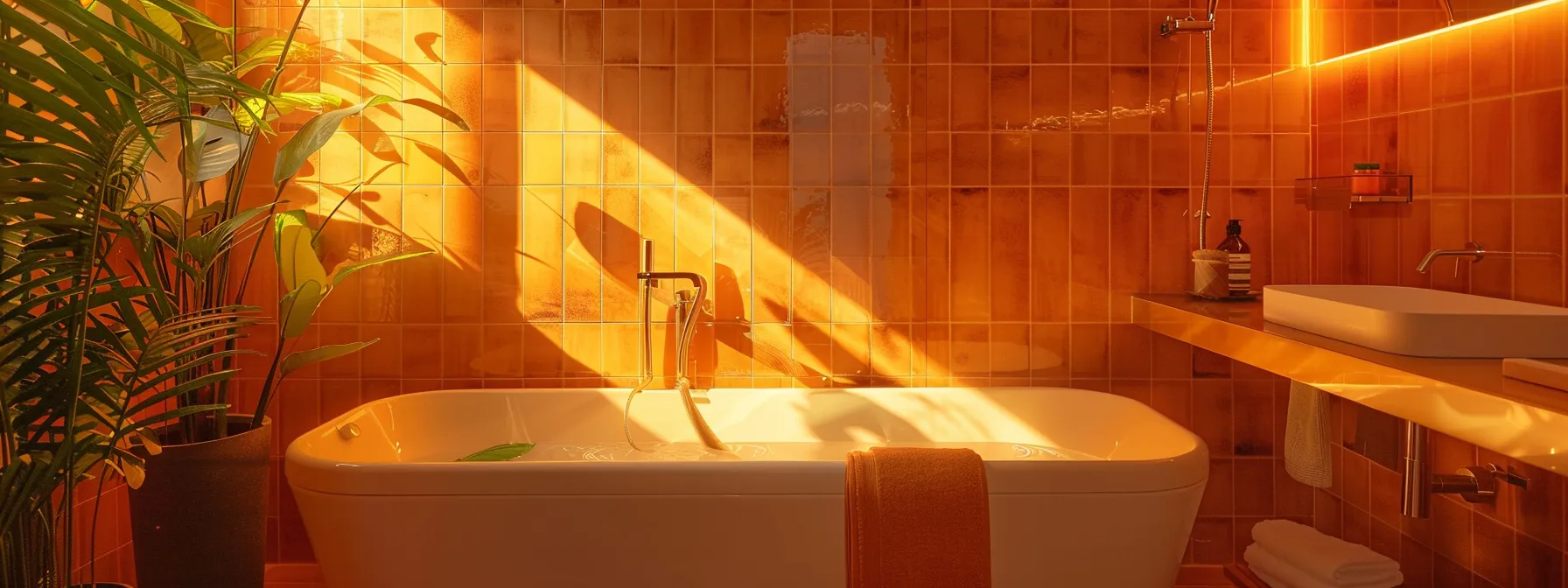 a bathroom with terracotta ceramic tiles in warm sunset tones, creating a cozy and inviting atmosphere.