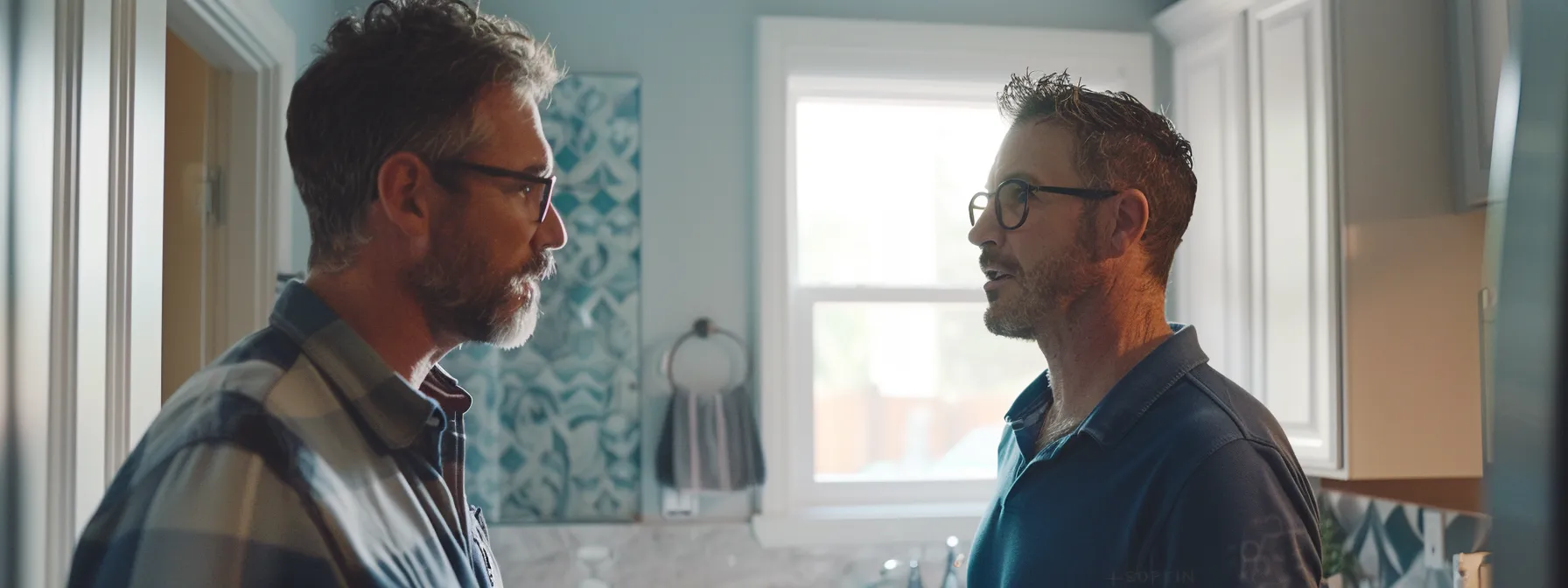 a homeowner discussing details with a bathroom resurfacing expert.