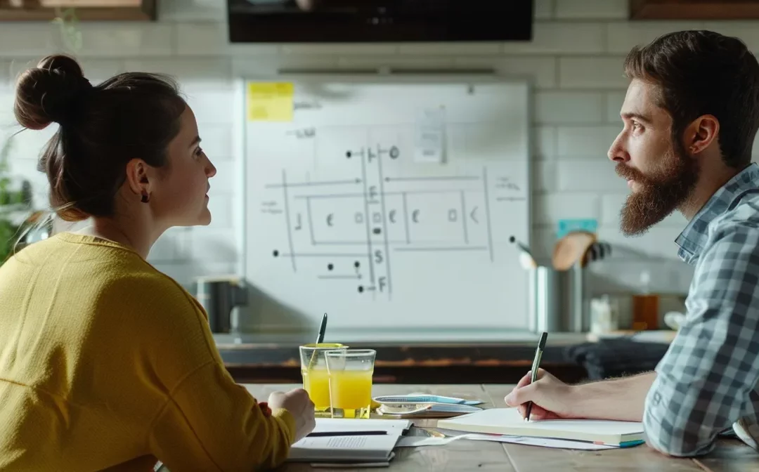 a couple discussing kitchen layout and design options in front of a blank whiteboard.