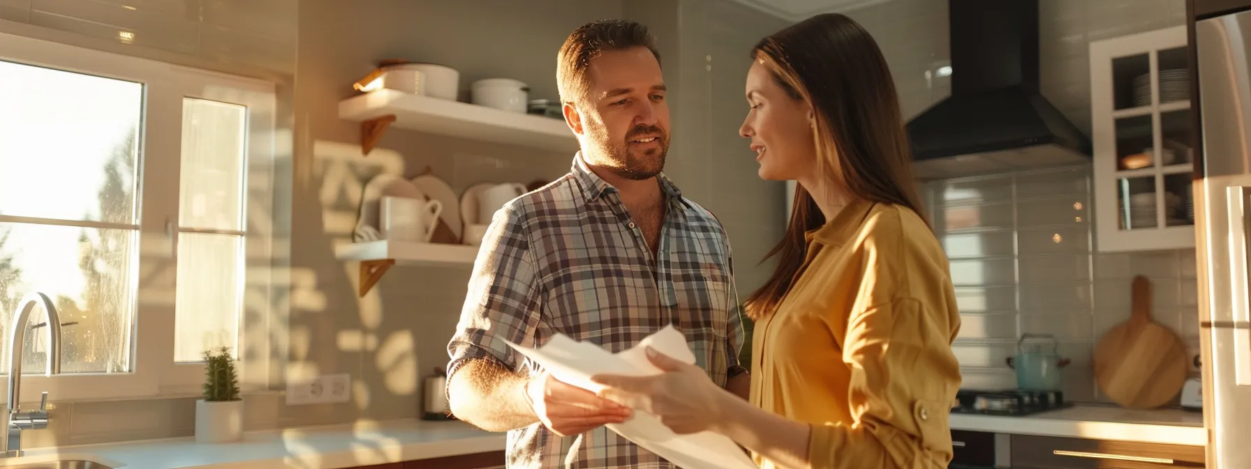a homeowner examining their kitchen layout with a contractor, discussing renovation needs and budget planning.