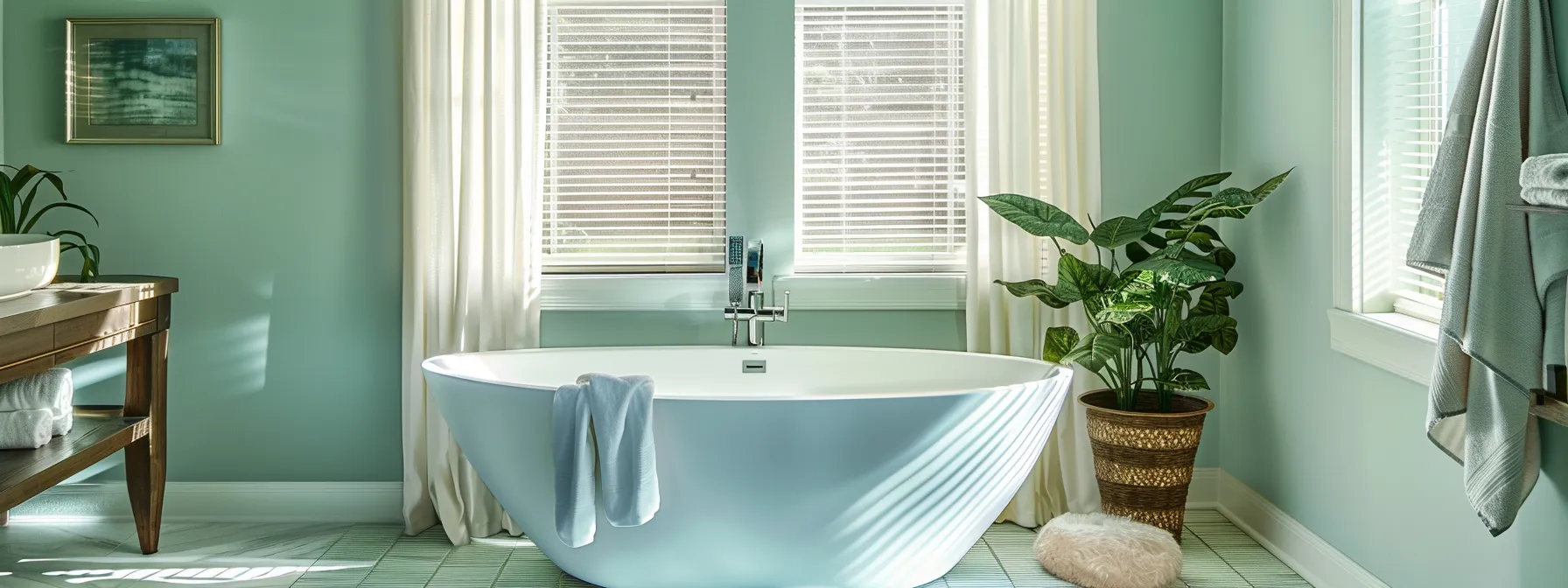 a serene bathroom with light blue, light green, soft gray, taupe, and charcoal accents creating a tranquil and cozy atmosphere.