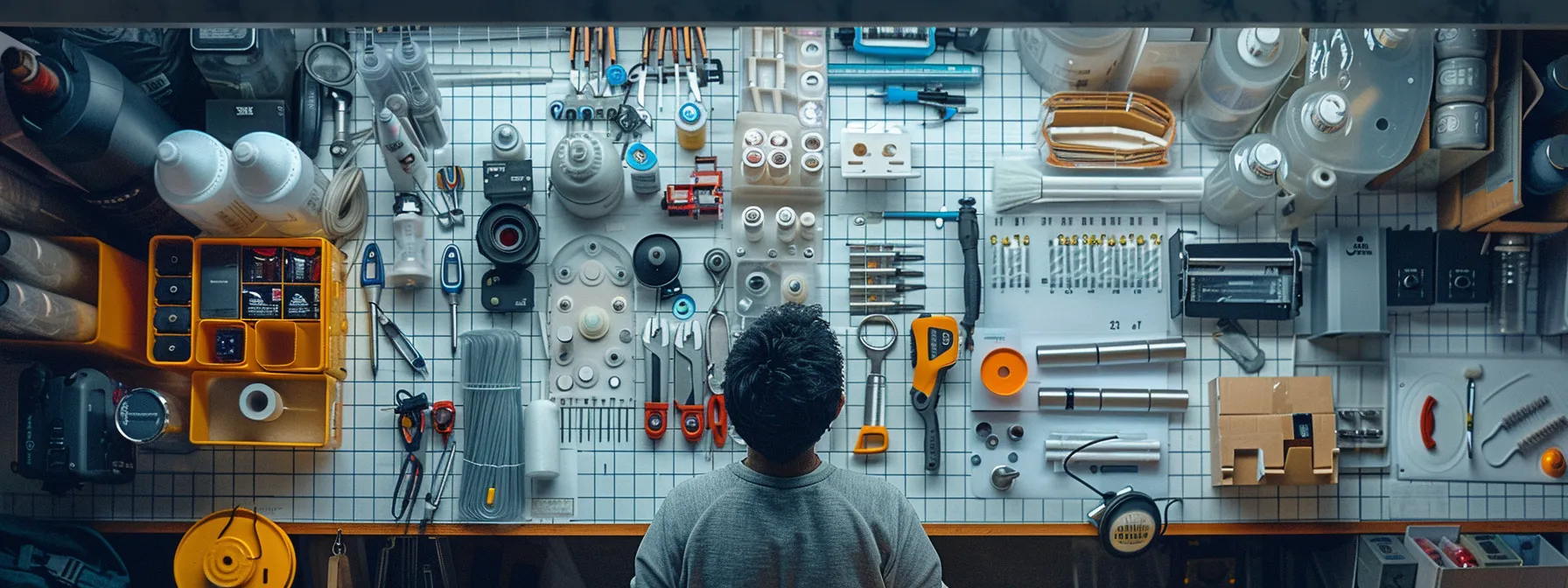 a person carefully inspecting various supplies and tools needed for a bathroom resurfacing project.