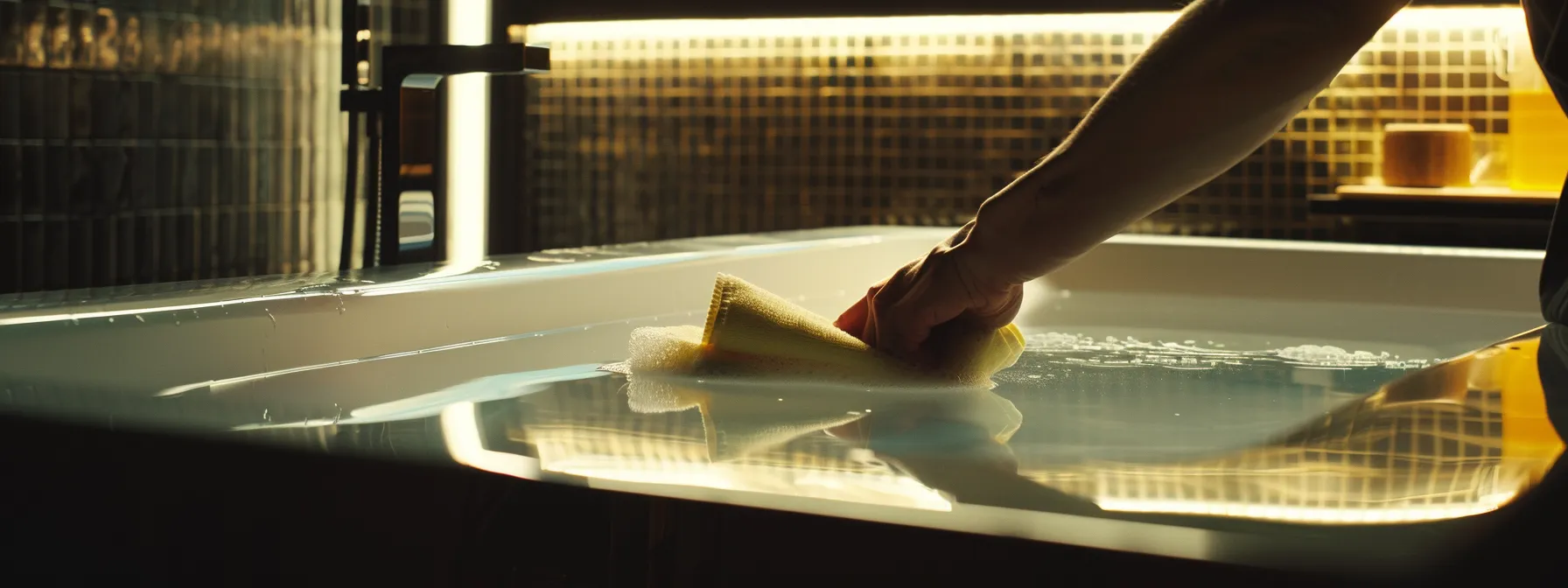 a person cleaning a shiny, resurfaced bathtub with a soft cloth.