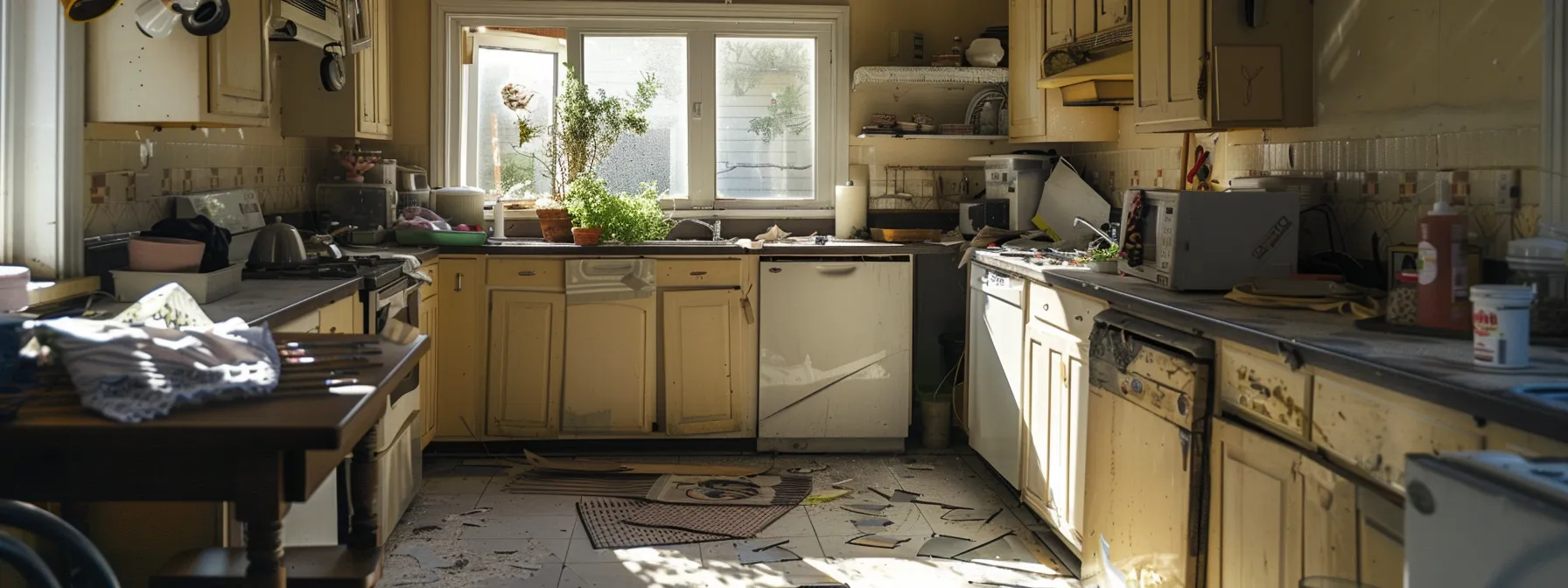 a kitchen area cleared of personal items and appliances, with areas protected from renovation dust and damage.