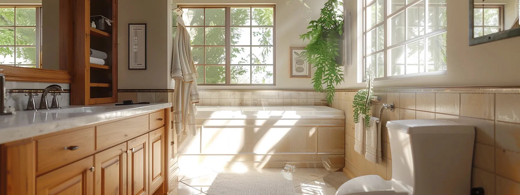 a bathroom resurfacing project with eco-friendly materials being applied to porcelain fixtures and wood grain cabinetry to promote healthier indoor air quality.