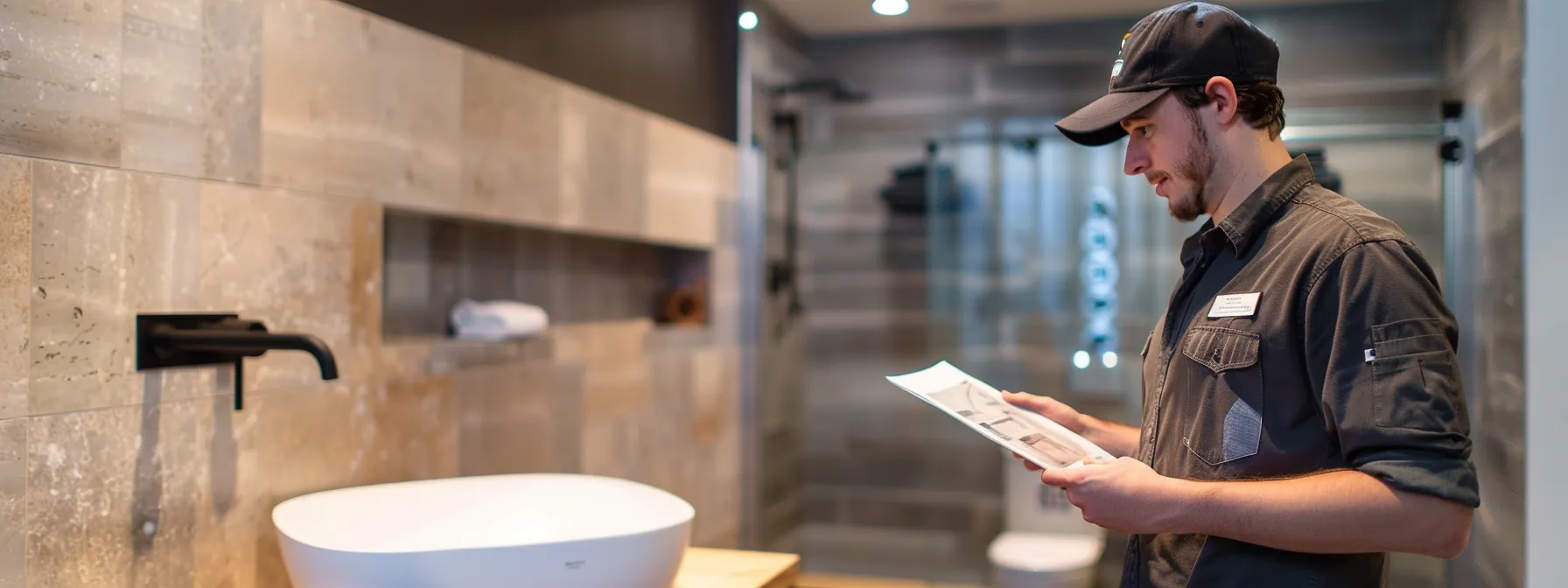 a contractor showing a portfolio of past bathroom projects to a potential client.