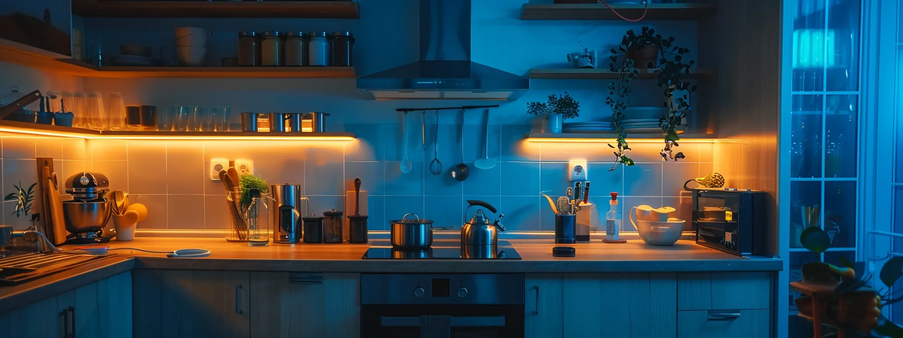 illuminated kitchen with adjustable led lights creating a cozy and versatile atmosphere.