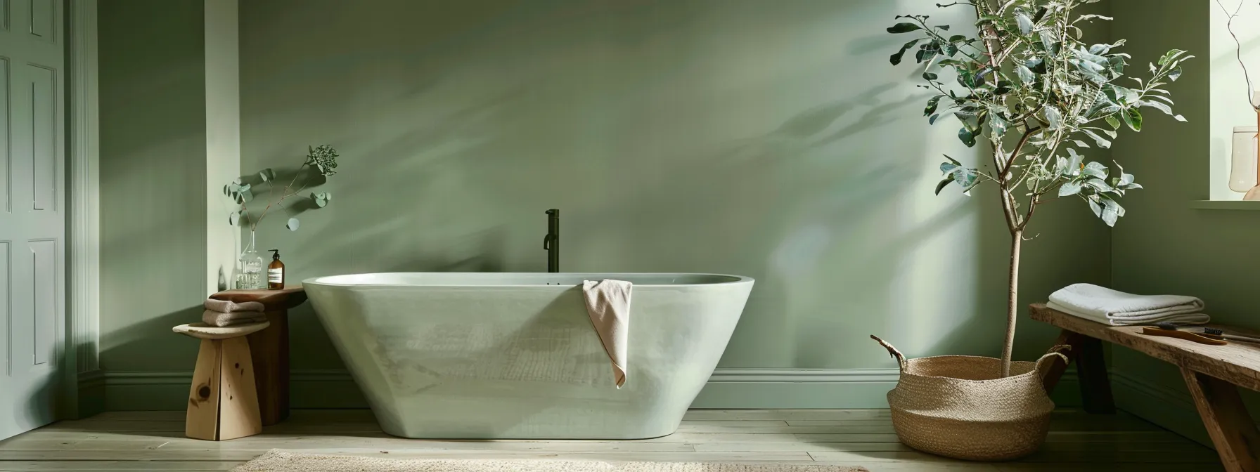 a bathroom with walls painted in subdued sage, complemented by sage green fixtures and neutral flooring, creating a tranquil and harmonious space.