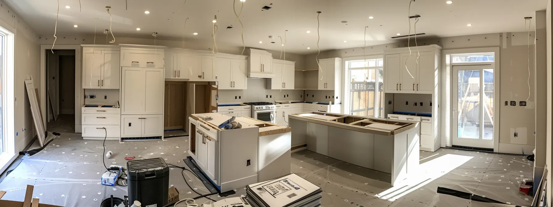 a kitchen with newly installed cabinets, countertops, appliances, and fixtures, with finishing elements being added for a polished look and final cleaning underway.