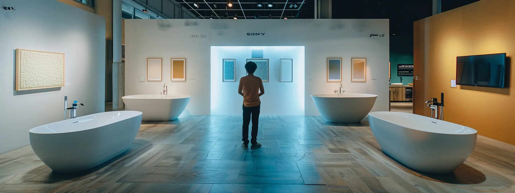 a person comparing different bathtub materials in a showroom.