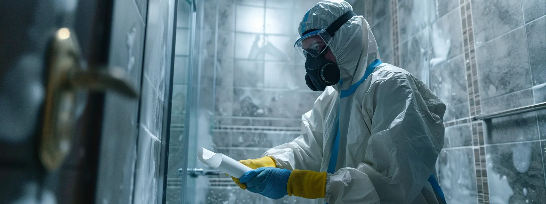 a professional wearing protective gear and holding resurfacing materials in a bathroom.