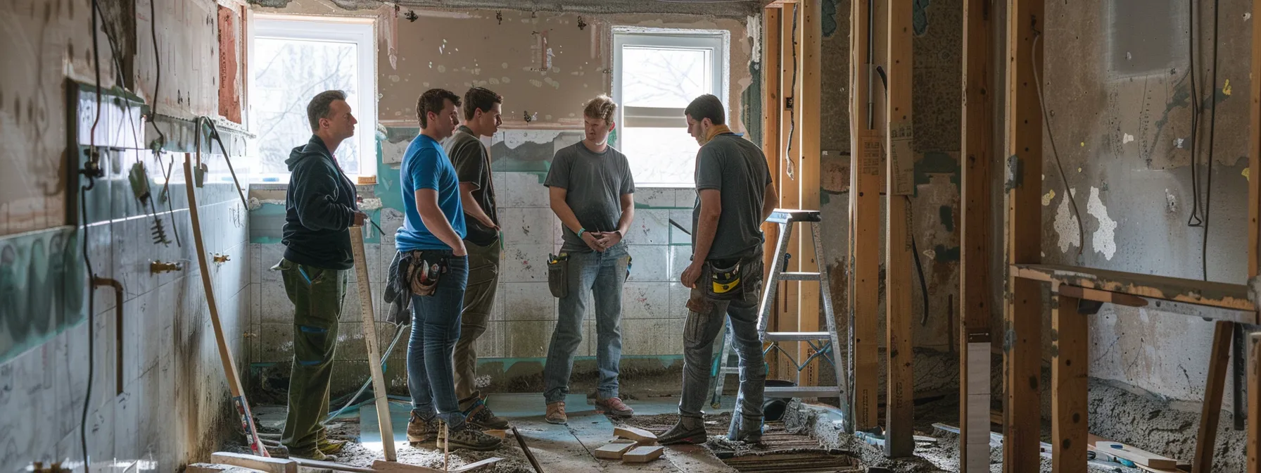 a group of contractors discussing plans and labor costs in a partially renovated bathroom.