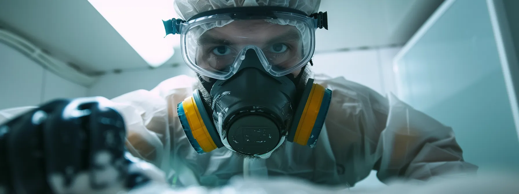 a person wearing a respirator mask while resurfacing a bathroom to minimize chemical exposure and ensure safety.