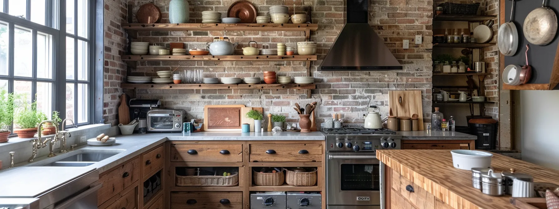 a kitchen with repurposed furniture and reclaimed wood open shelves, showcasing creativity and sustainability.