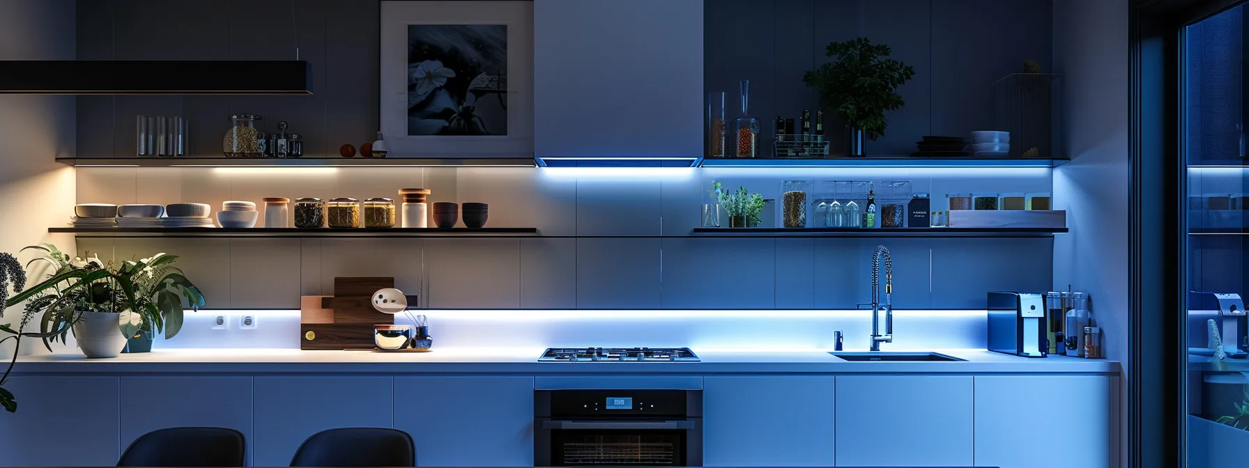 a modern kitchen illuminated by bright, energy-efficient led strip lights.