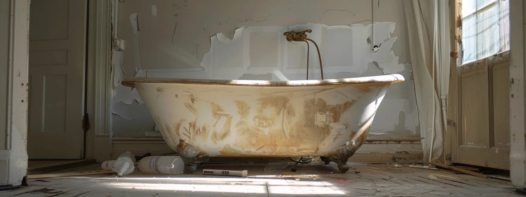 a cast iron bathtub being resurfaced, transforming it into a sleek and modern fixture.