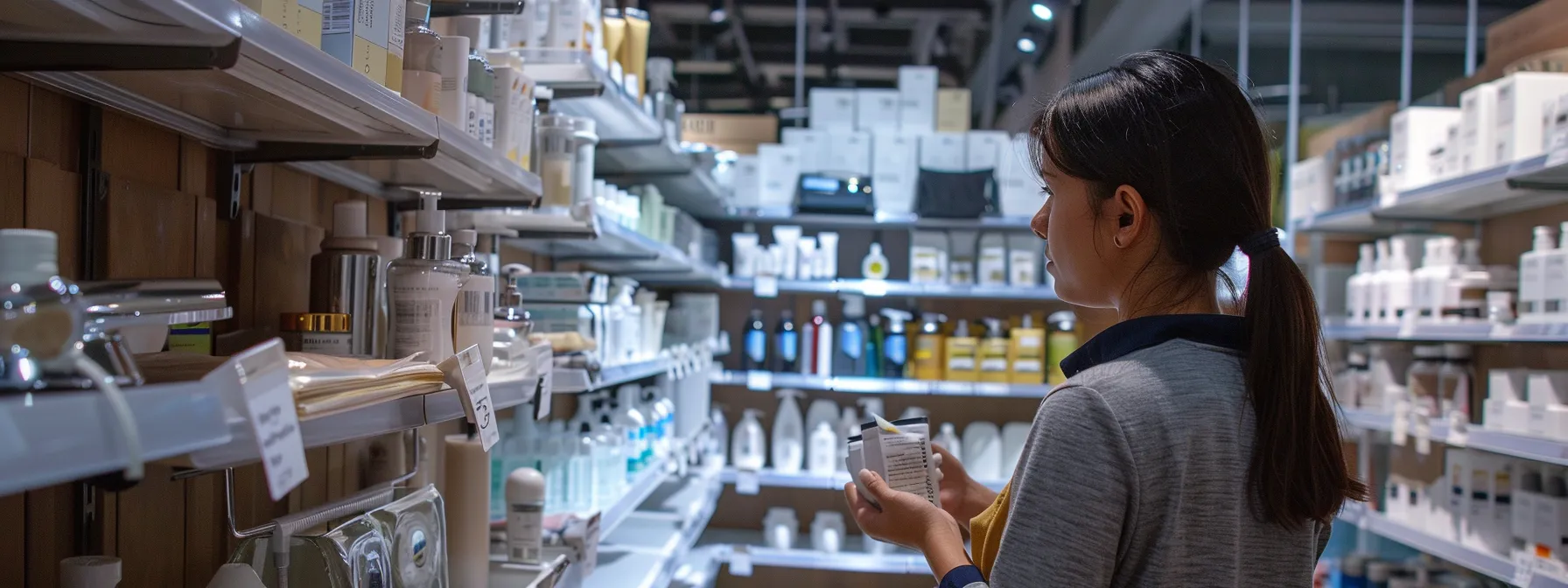 a homeowner carefully comparing prices of bathroom fixtures in a home improvement store.