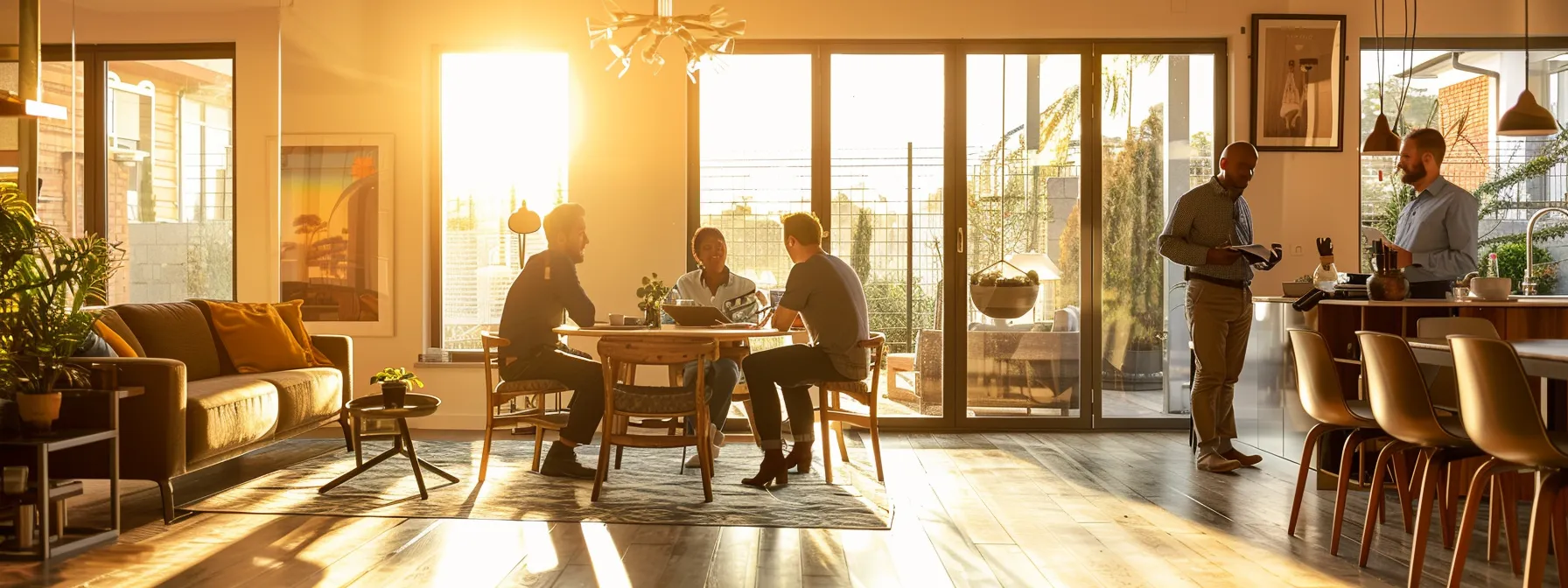 homeowners discussing with potential contractors in a bright, spacious room.