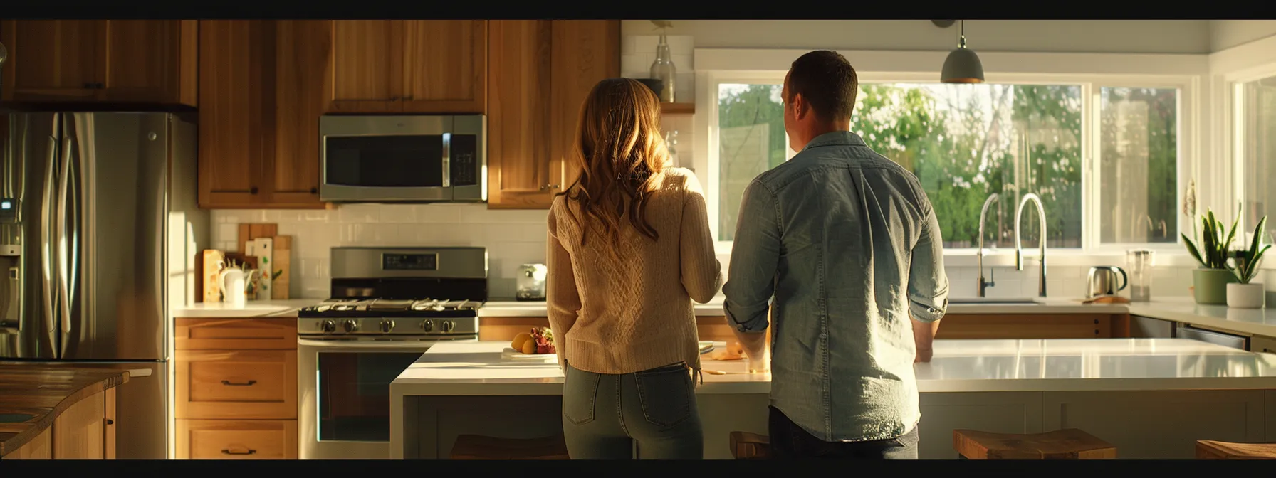 homeowners examining and selecting appliances and cabinets for their kitchen renovation.