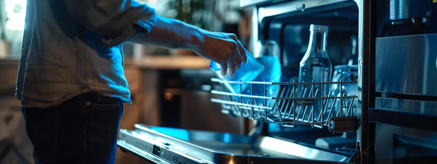a person loading eco-friendly dishwasher with stainless steel interior.