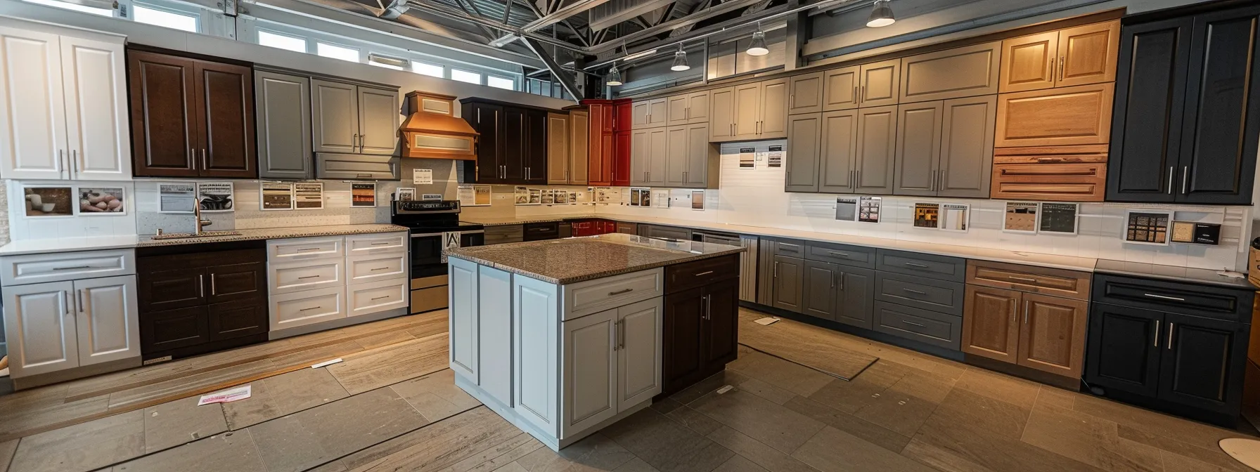 several kitchen cabinets of different colors and finishes displayed in a showroom.