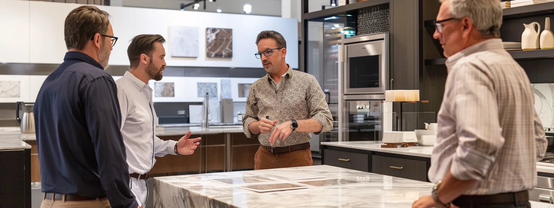 a group of kitchen renovation experts discussing project details and looking at granite samples in a showroom.