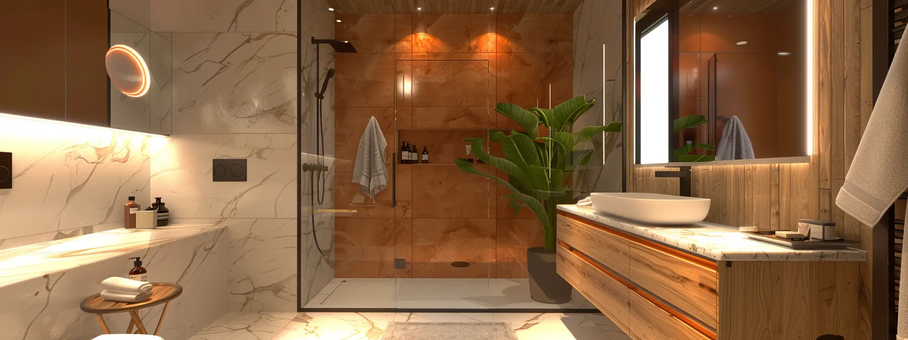 a modern bathroom with deep orange accents and white marble counters.