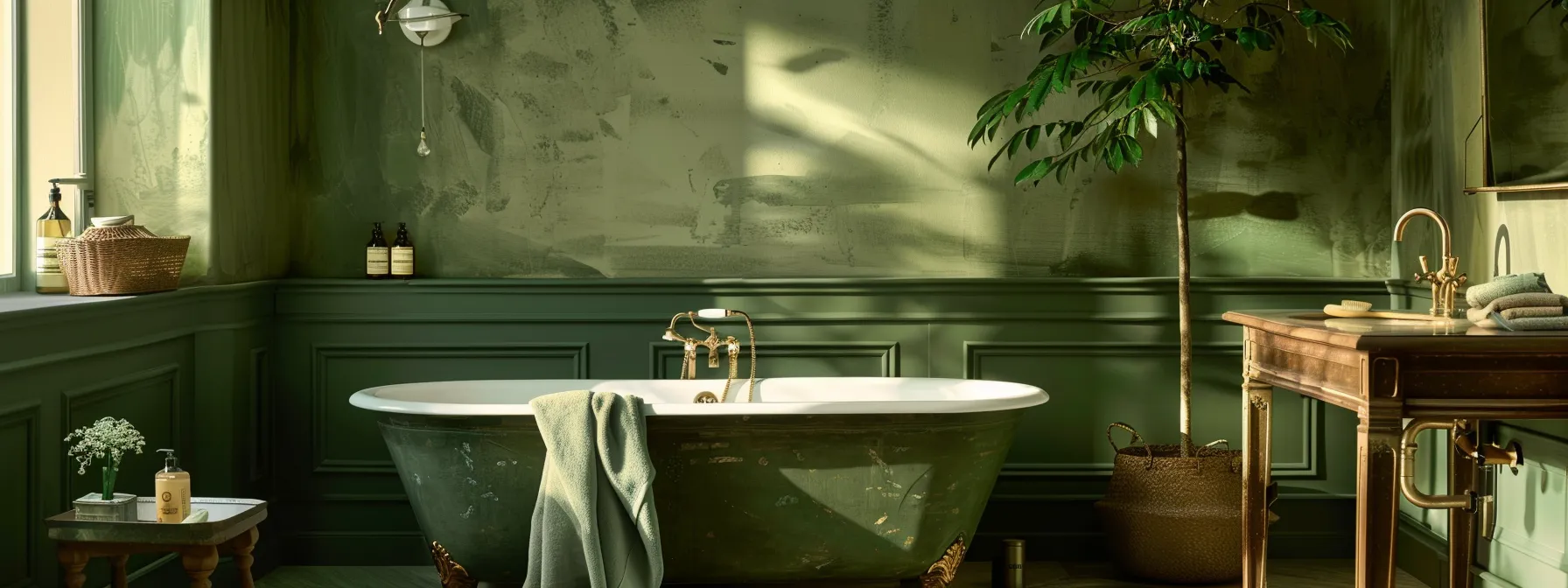 a luxurious bathroom painted in olive green and forest green tones with brass fixtures against a backdrop of taupe walls.