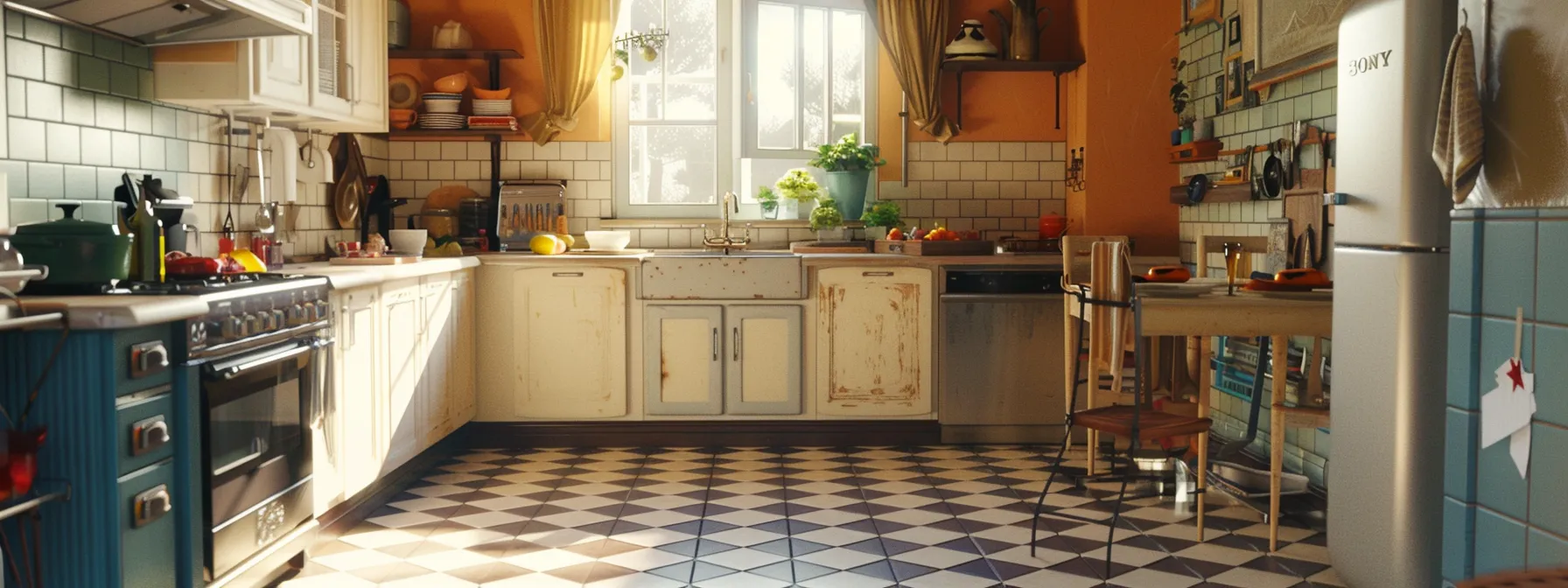a kitchen with stylish tile flooring featuring diverse patterns and textures.