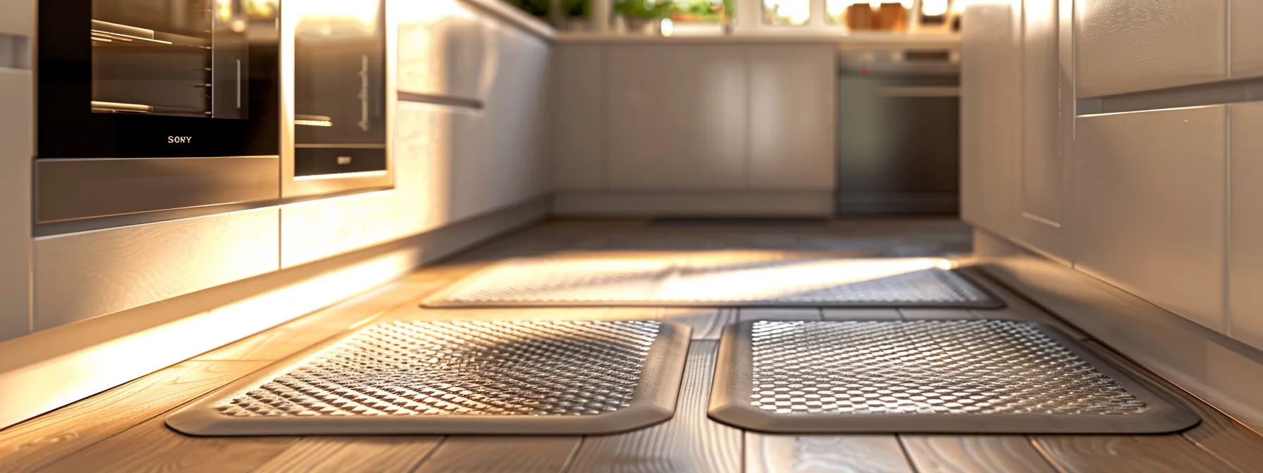 a kitchen with protective mats and trivets on the countertops and cabinet door buffers installed to prevent wear and tear.