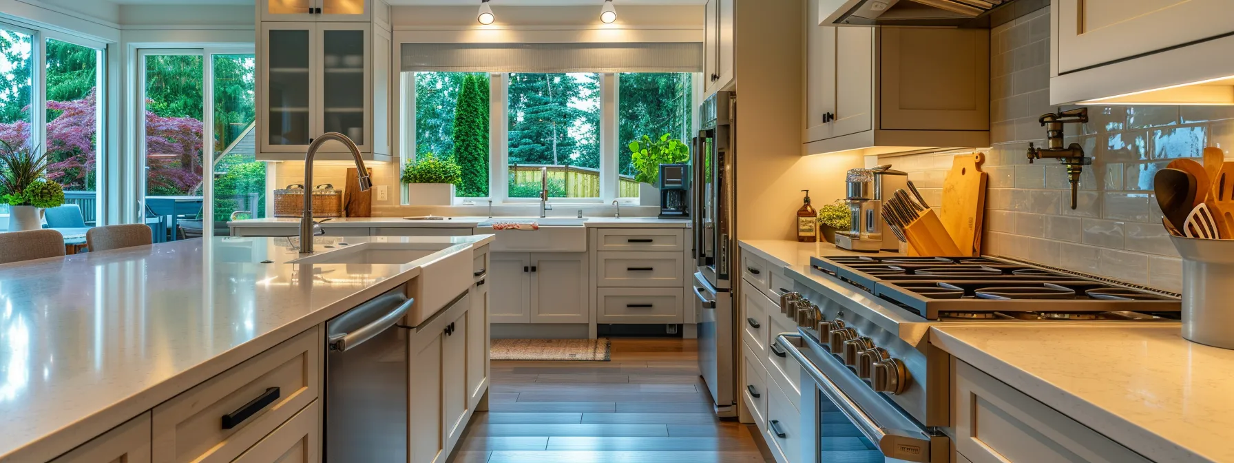 a well-organized kitchen with existing layout and plumbing in place, featuring creative lighting solutions for a warm and elegant atmosphere.
