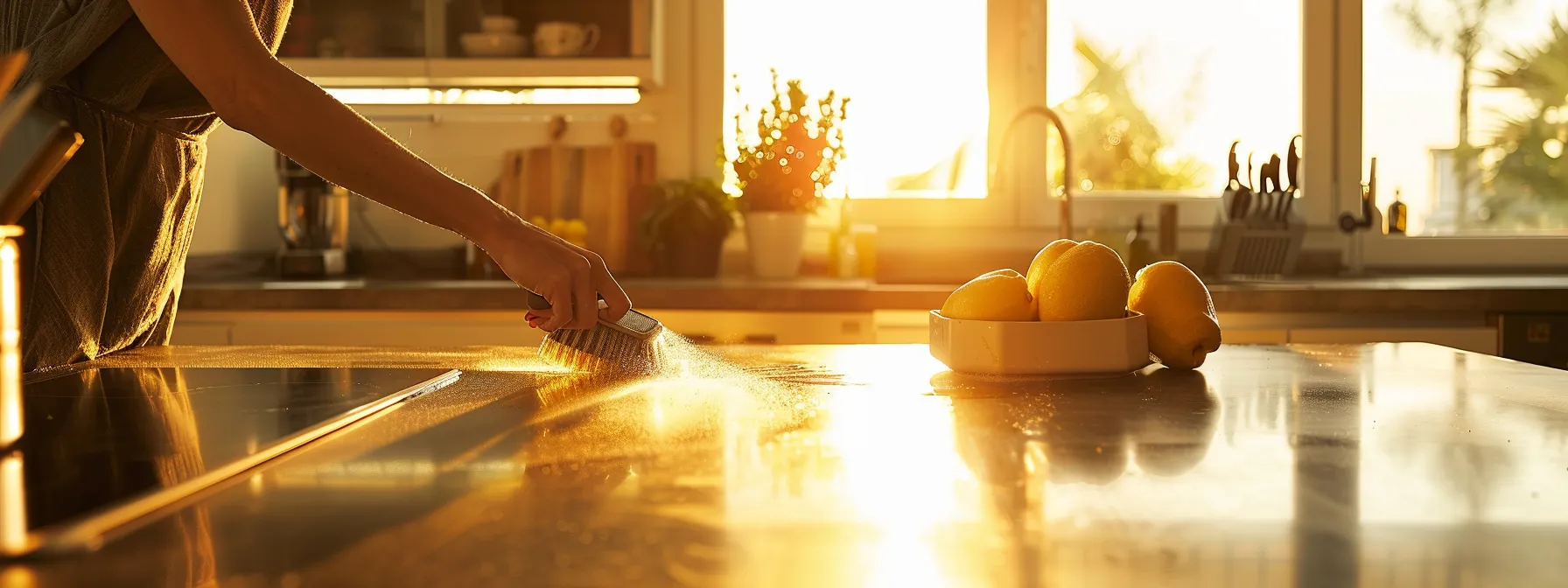 a person scrubbing the kitchen counter with a brush to remove tough stains during a deep cleaning session.