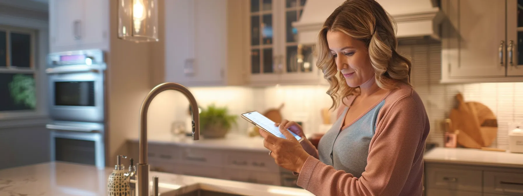 a homeowner carefully examining a list of kitchen renovation priorities on a tablet.